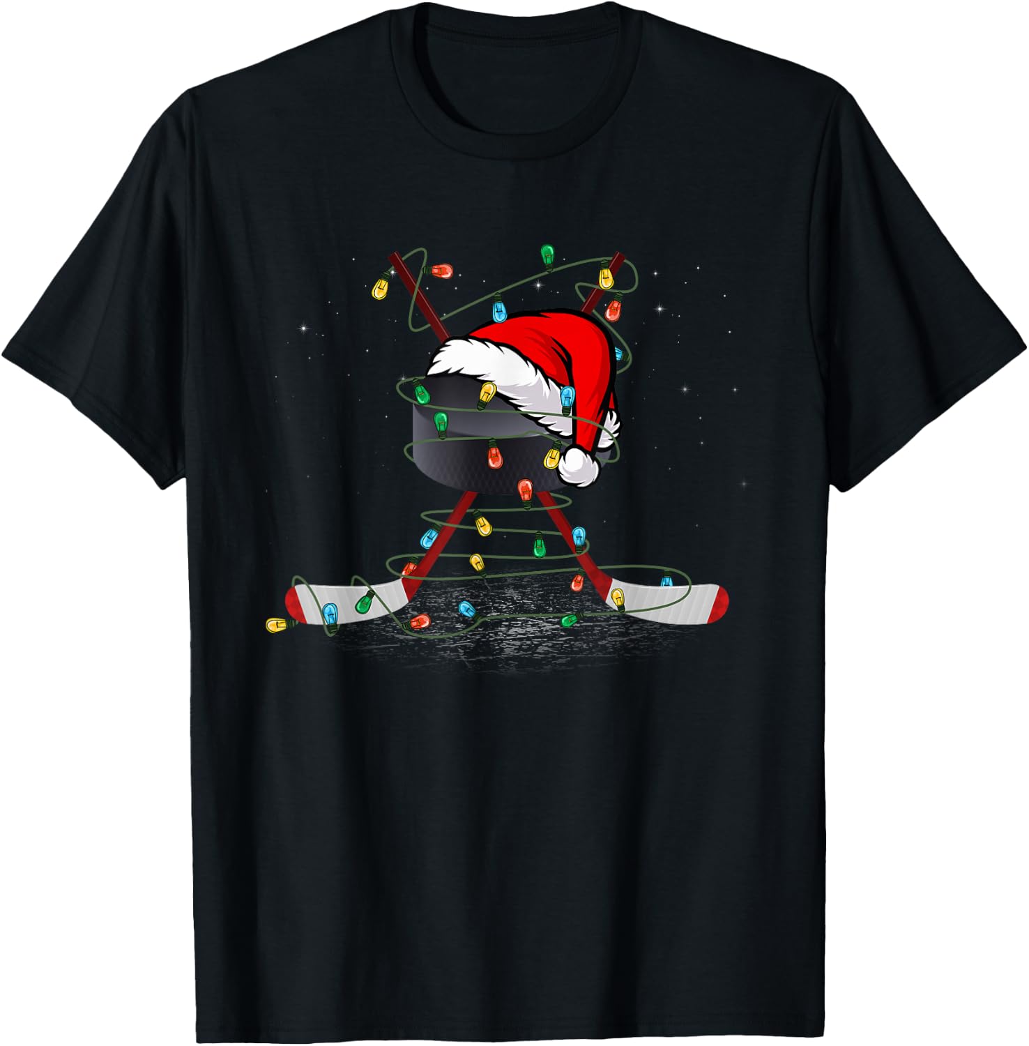 Funny Christmas Hockey Santa Hat Xmas Lights Kids Boys Men T-Shirt - T-Shirt | Black