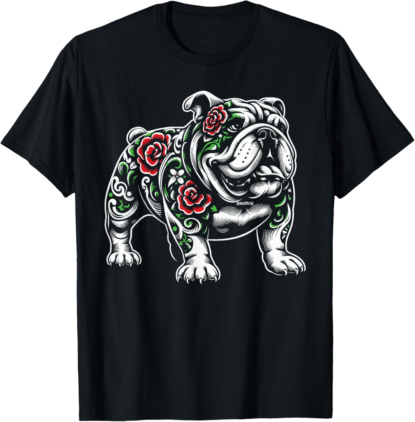 Bulldog Floral Red Rose T-Shirt - T-Shirt | Black
