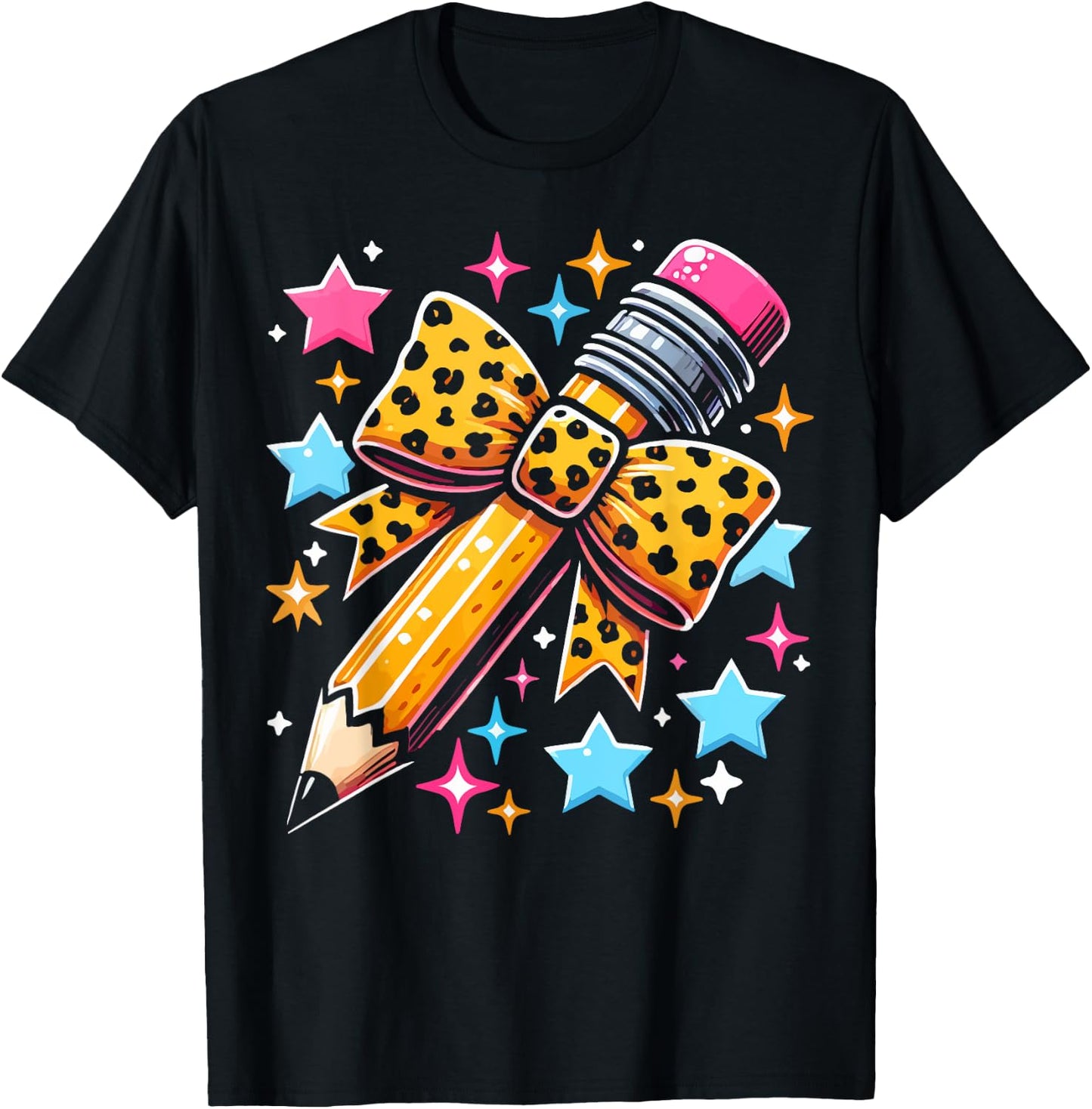 Pencil Leopard Coquette Bow Teacher Life Back To School T-Shirt - T-Shirt | Black