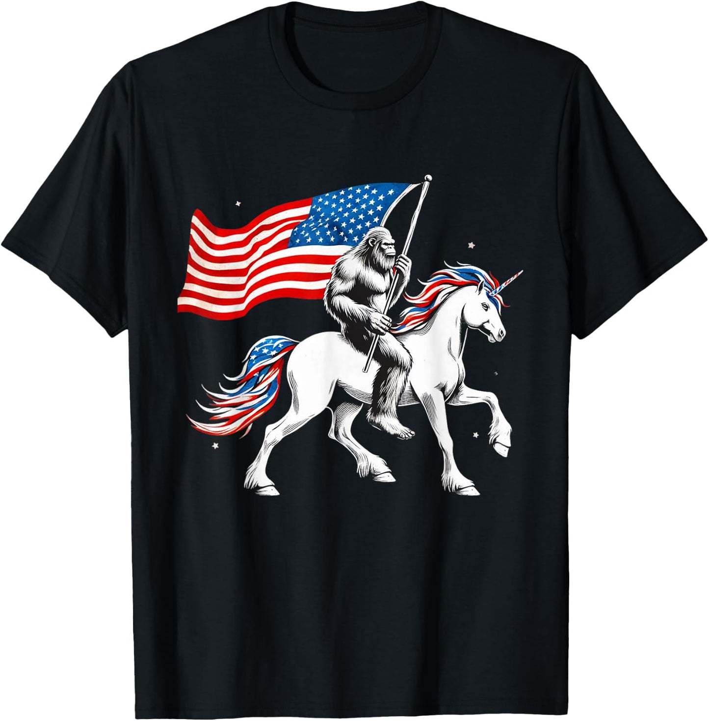 Patriotic Bigfoot Riding Unicorn 4th Of July Sasquatch Women Kids Men T-Shirt - T-Shirt | Black