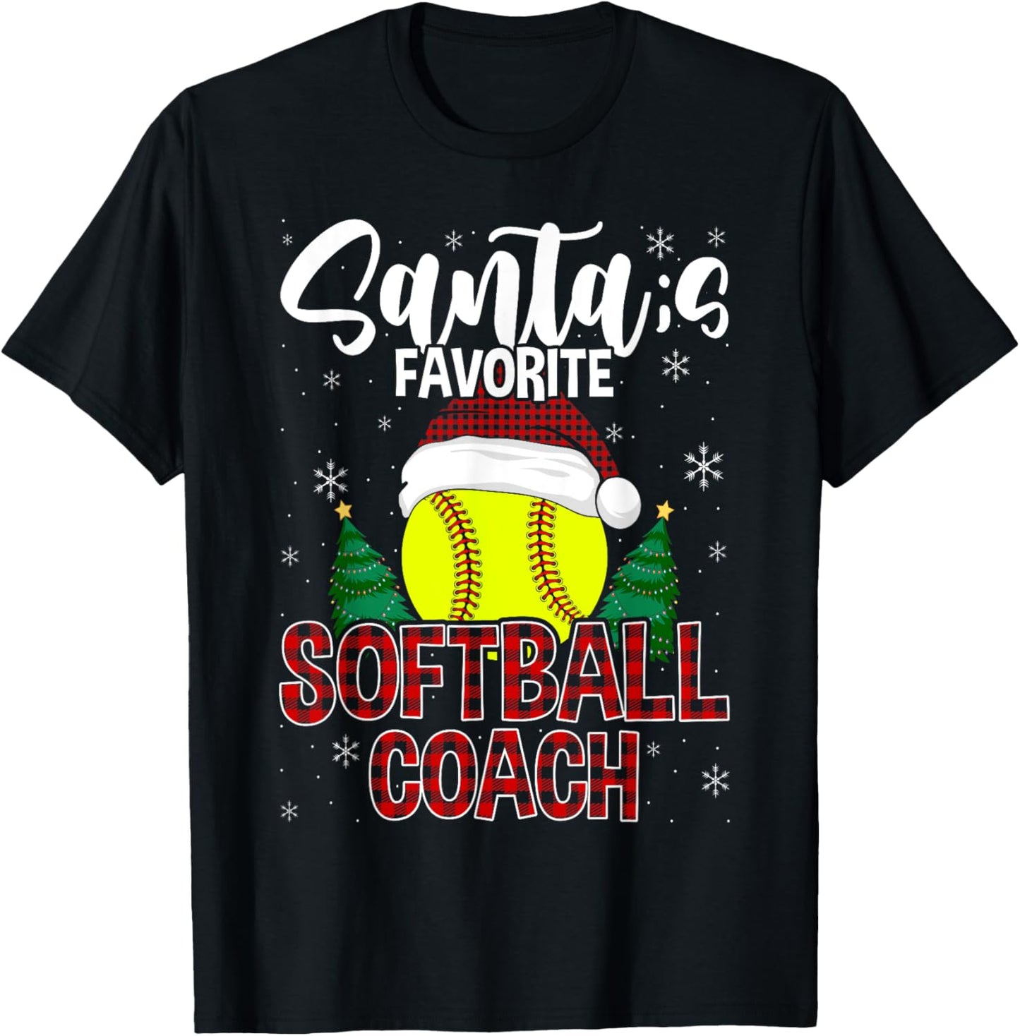 Funny Santa's Favorite Softball Coach Christmas Plaid Xmas T-Shirt - T-Shirt | Black