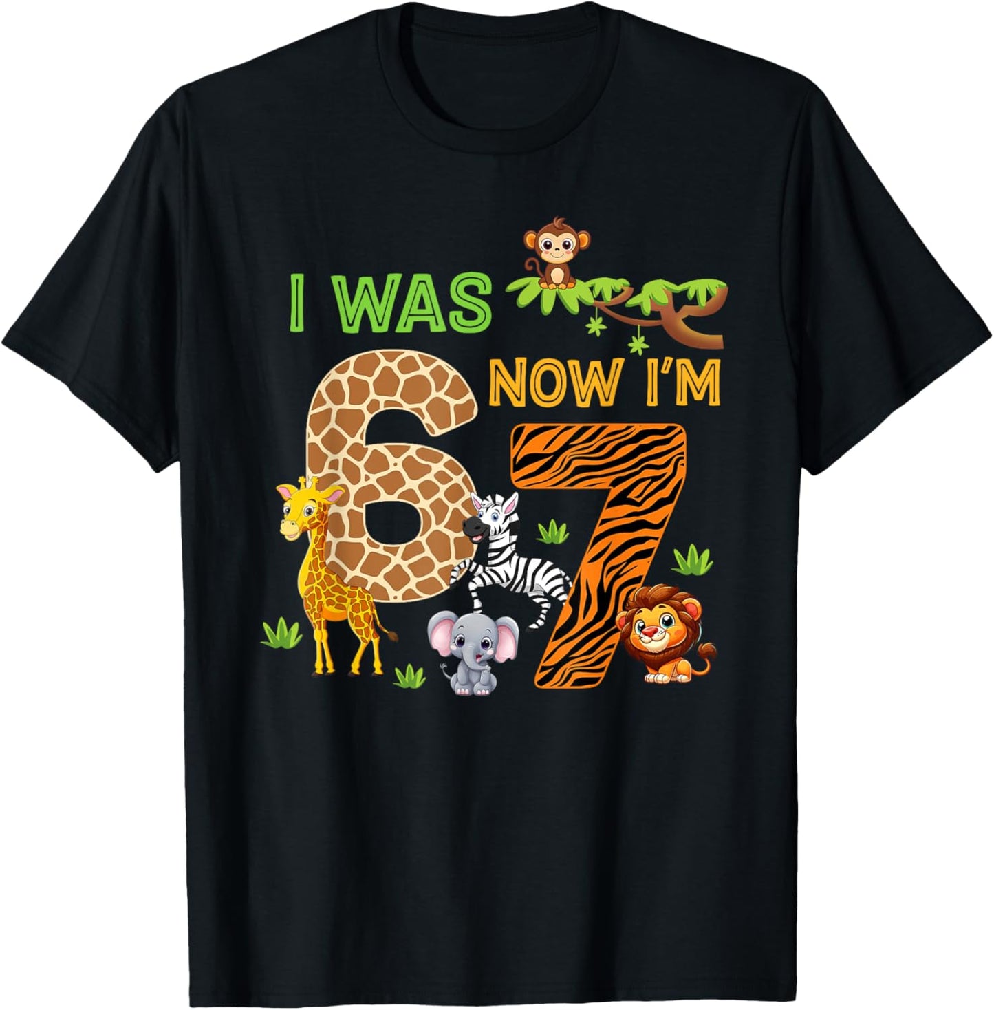 I was 6 Now I'm 7 Wild 7th Birthday Kids Safari Zoo 6 7 Meme T-Shirt - T-Shirt | Black