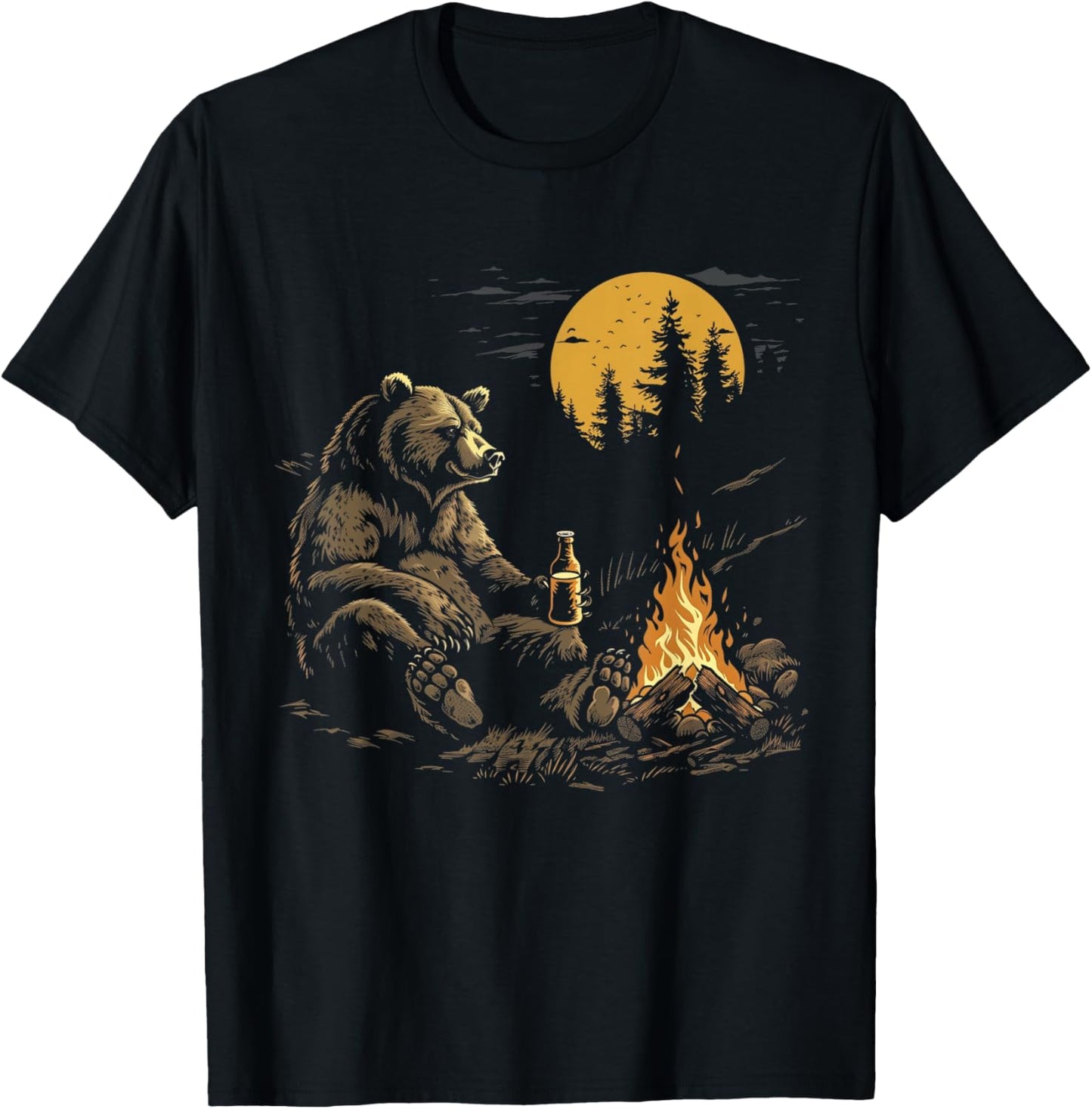 Camping Bear Drinking Beer Hiking Nature Funny Grizzly Bear T-Shirt - T-Shirt | Black