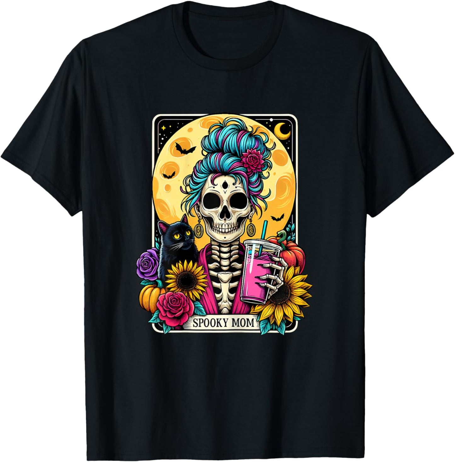 Spooky Mom Tarot Card Halloween Mom Skull Mama Black Cat T-Shirt - T-Shirt | Black