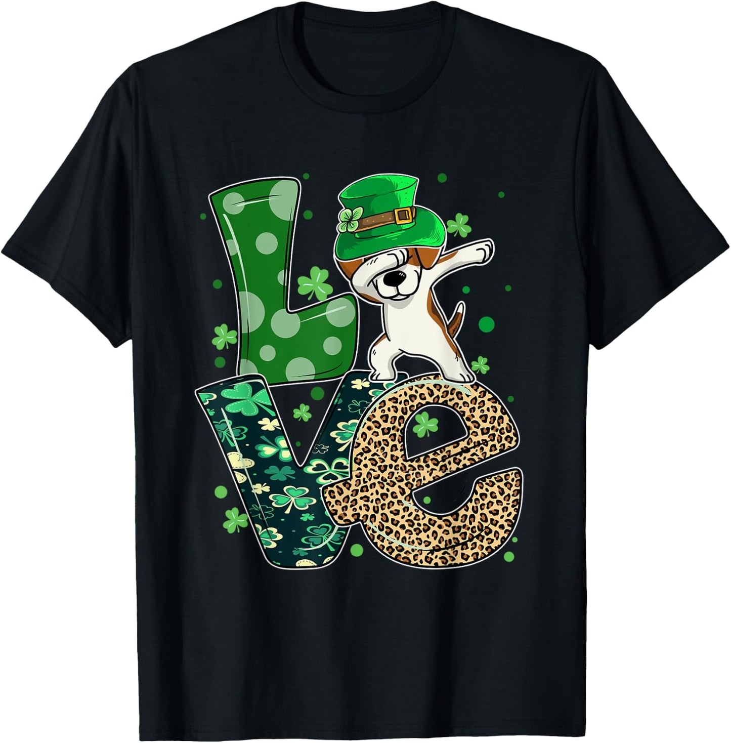 Beagle Dog Dabbing Leopard LOVE Shamrock For St Patricks Day T-Shirt - T-Shirt | Black