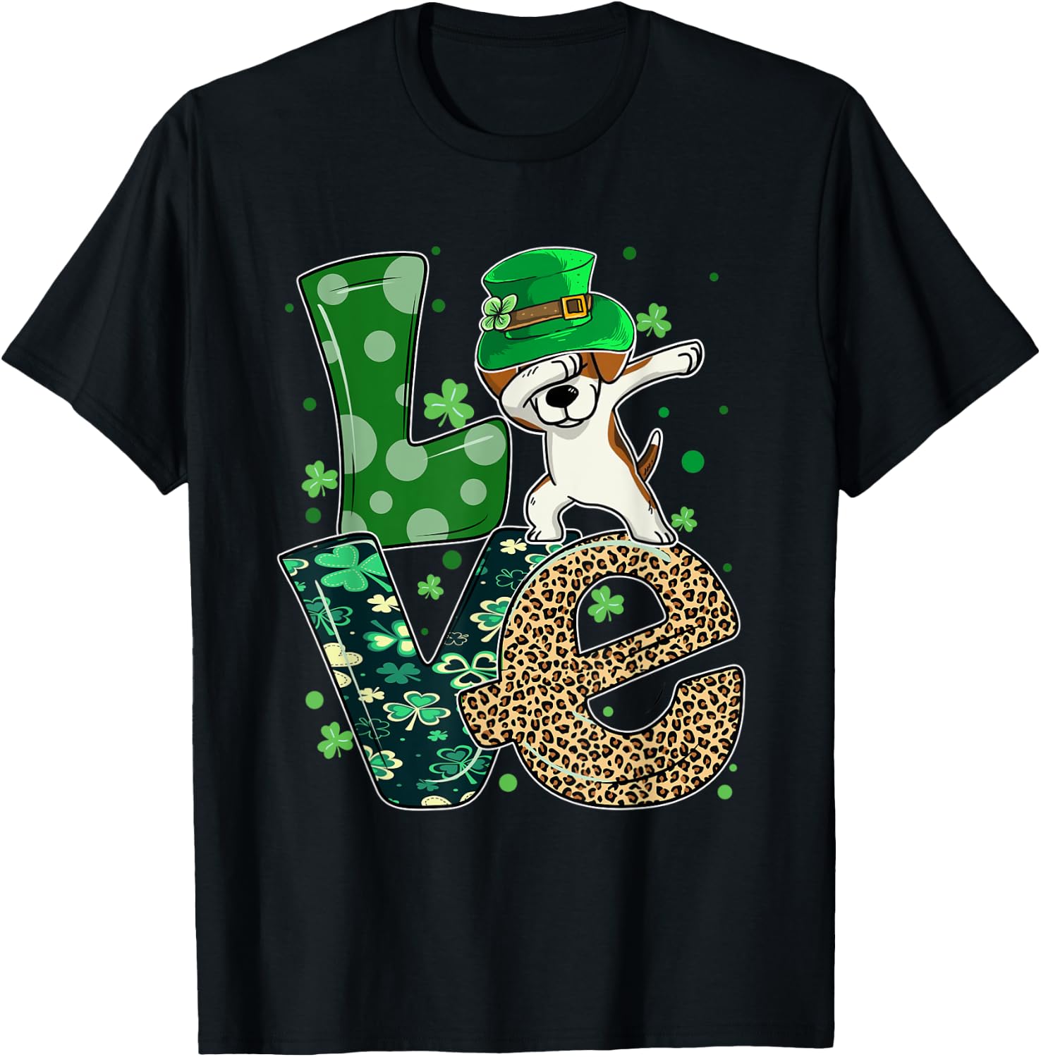 Beagle Dog Dabbing Leopard LOVE Shamrock For St Patricks Day T-Shirt - T-Shirt | Black