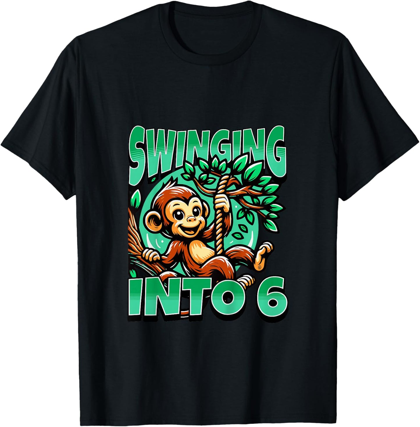 Kids Monkey Swinging Into 6 Year Old 6th Birthday Boy Girl T-Shirt - T-Shirt | Black