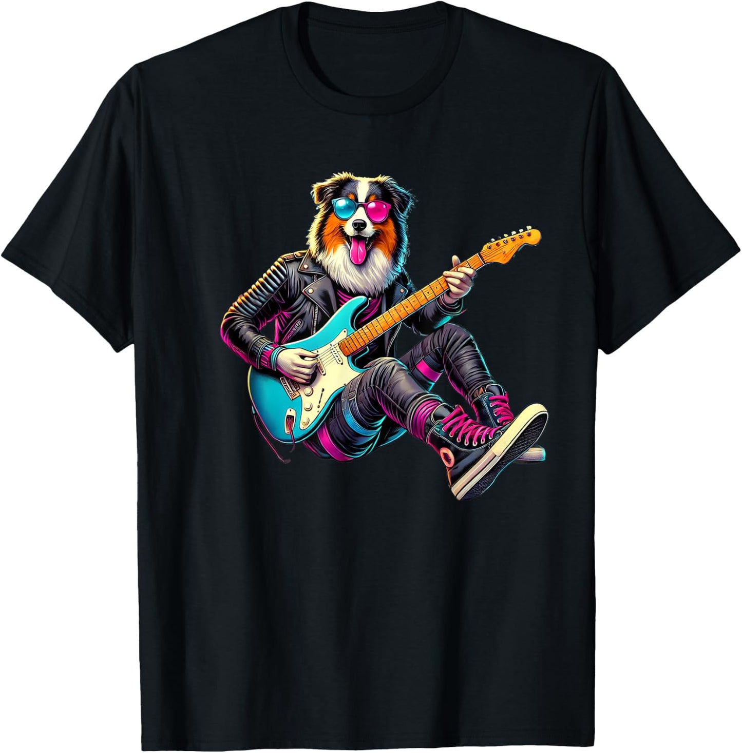 Australian Shepherd Electric Guitar Funny Dog Rock Band Pet Men Women Kids T-Shirt - T-Shirt | Black