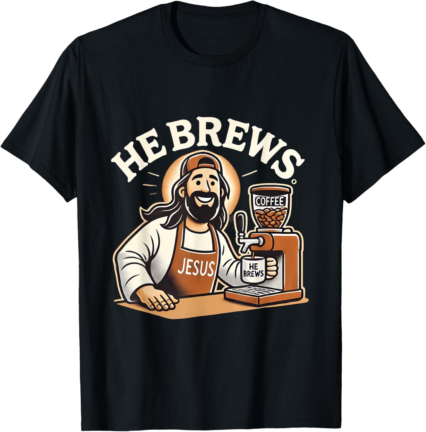He Brews Coffee Jesus Cartoon Fun Christian Design T-Shirt - T-Shirt | Black