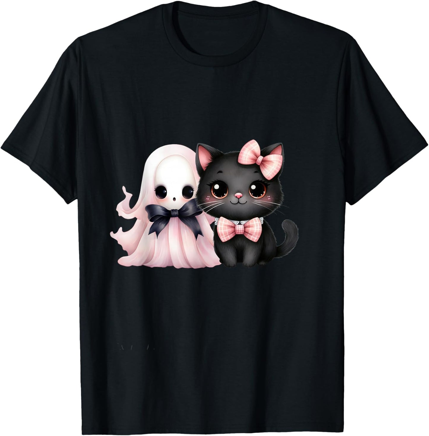 Black Cat Pink Ghost Halloween Pink Bows Coquette Girl Women T-Shirt - T-Shirt | Black