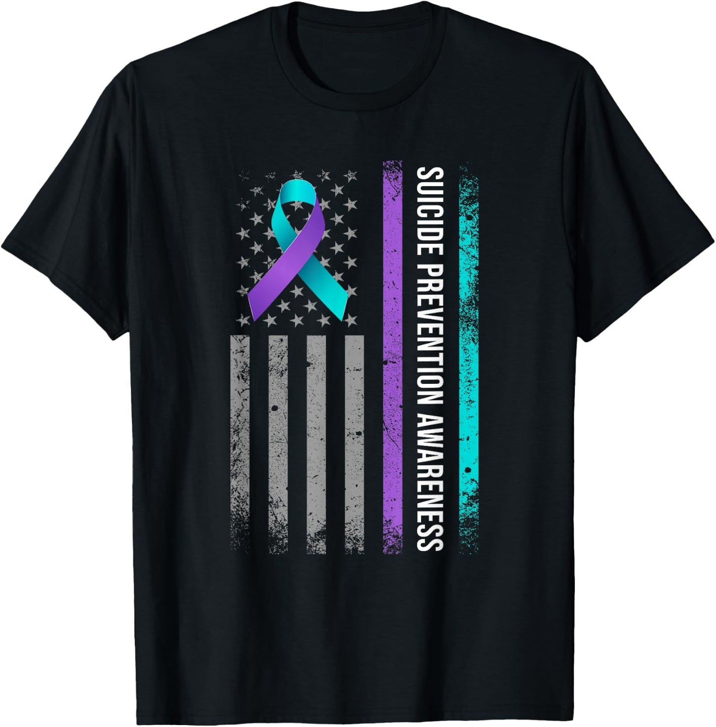 American Flag Suicide Prevention Awareness Teal and Purple T-Shirt - T-Shirt | Black