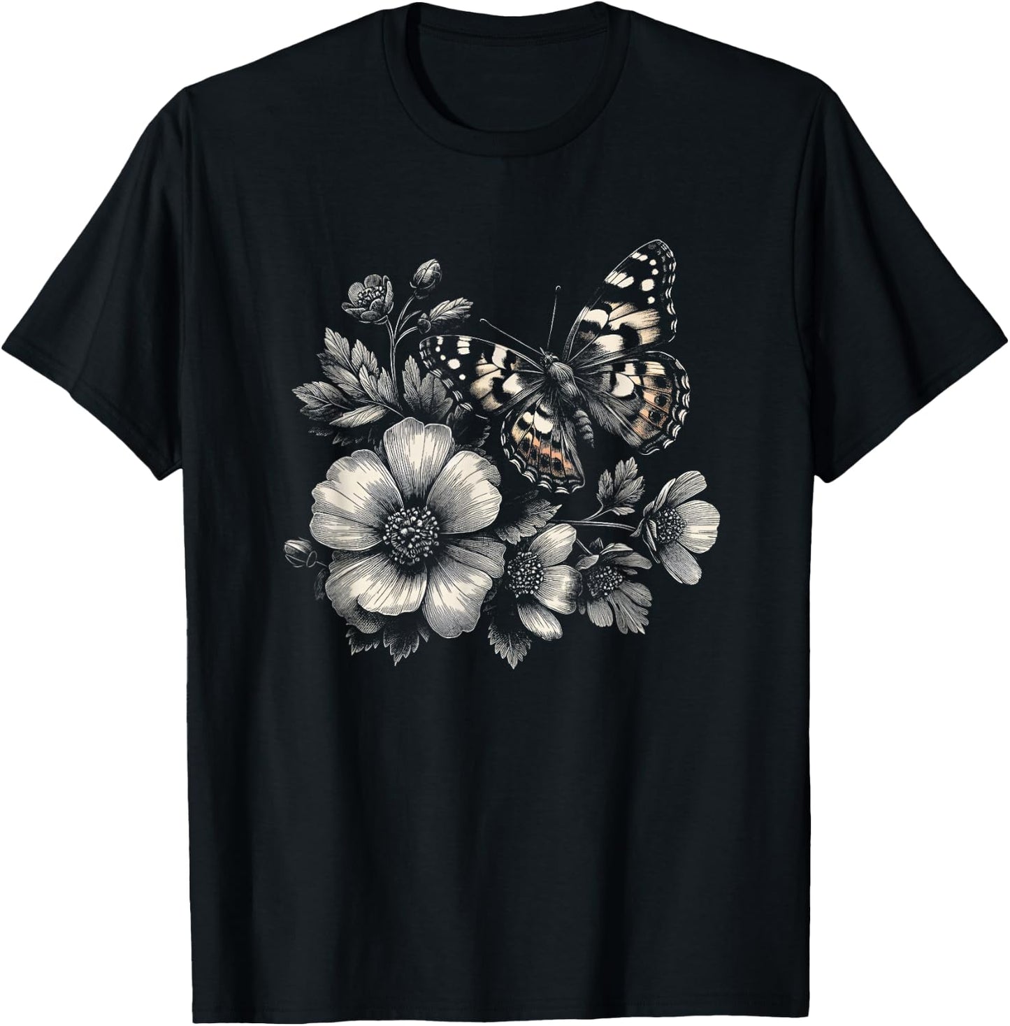 Butterfly with Flowers Graphic Art Design and Men T-Shirt - T-Shirt | Black