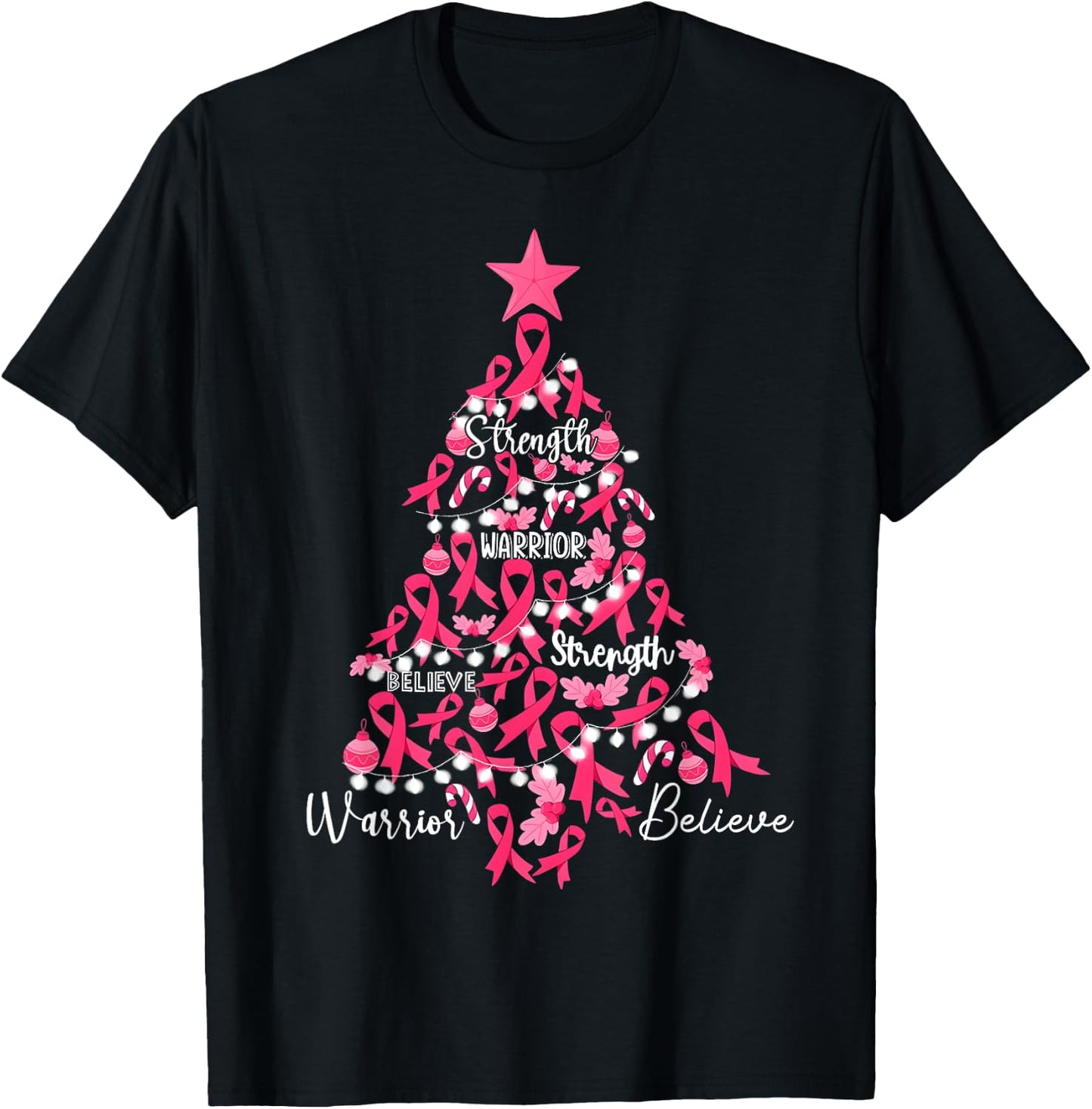 Breast Cancer Christmas Tree Pink Ribbon Fight Awareness T-Shirt - T-Shirt | Black