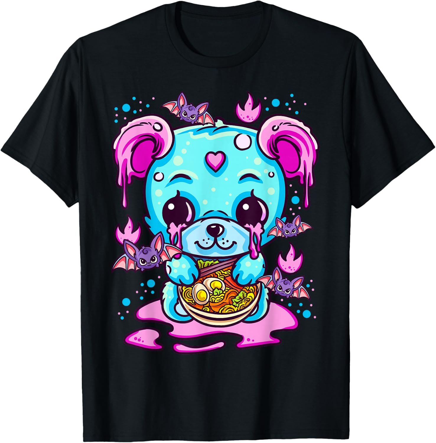 Cute Kawaii Creepy Pastel Goth Puppy Eating Ramen Noodles T-Shirt - T-Shirt | Black