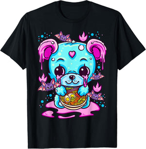 Cute Kawaii Creepy Pastel Goth Puppy Eating Ramen Noodles T-Shirt - T-Shirt | Black