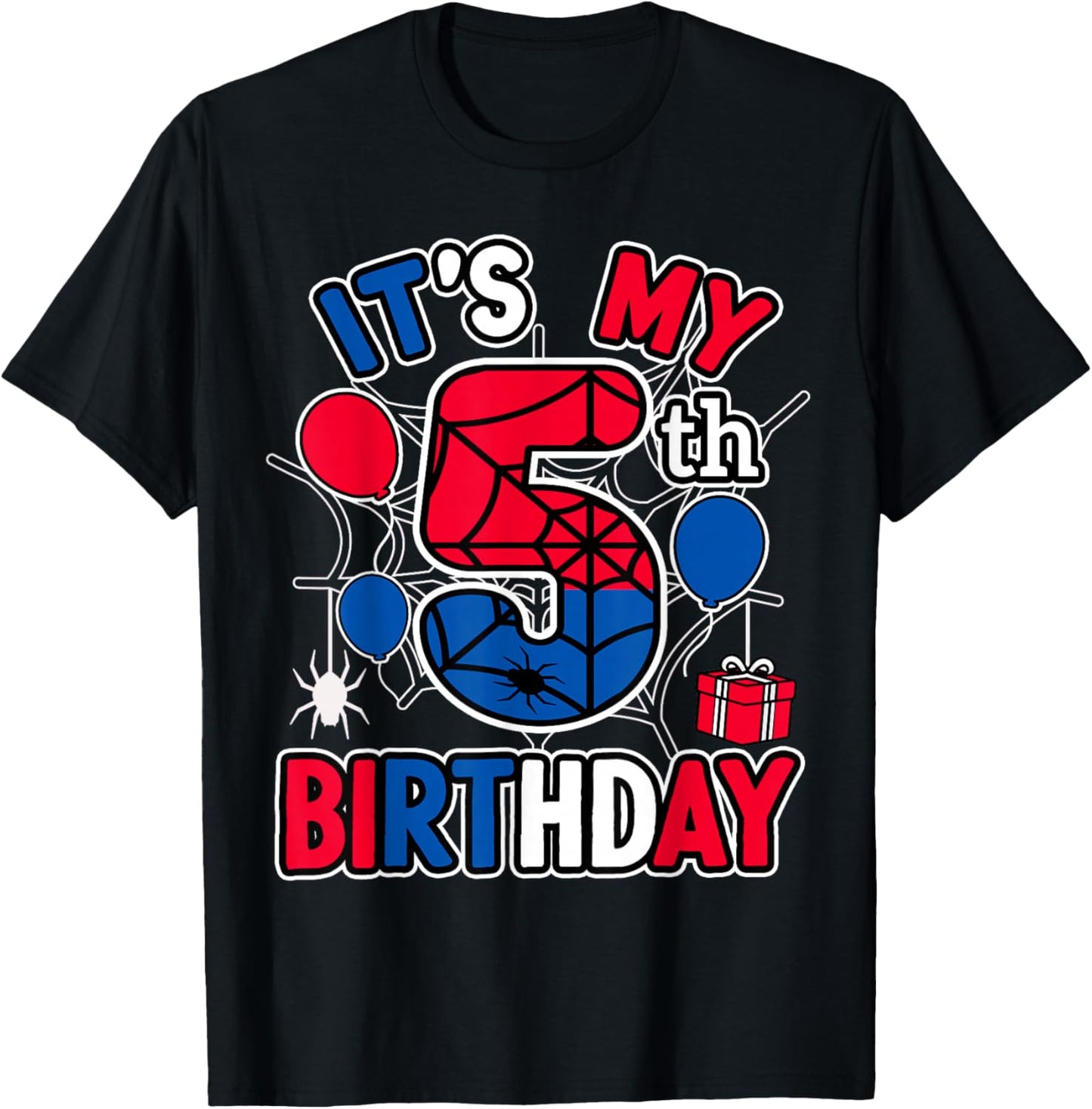 5th Birthday Present Boy Spider Web Theme Party 5 Year Old T-Shirt - T-Shirt | Black