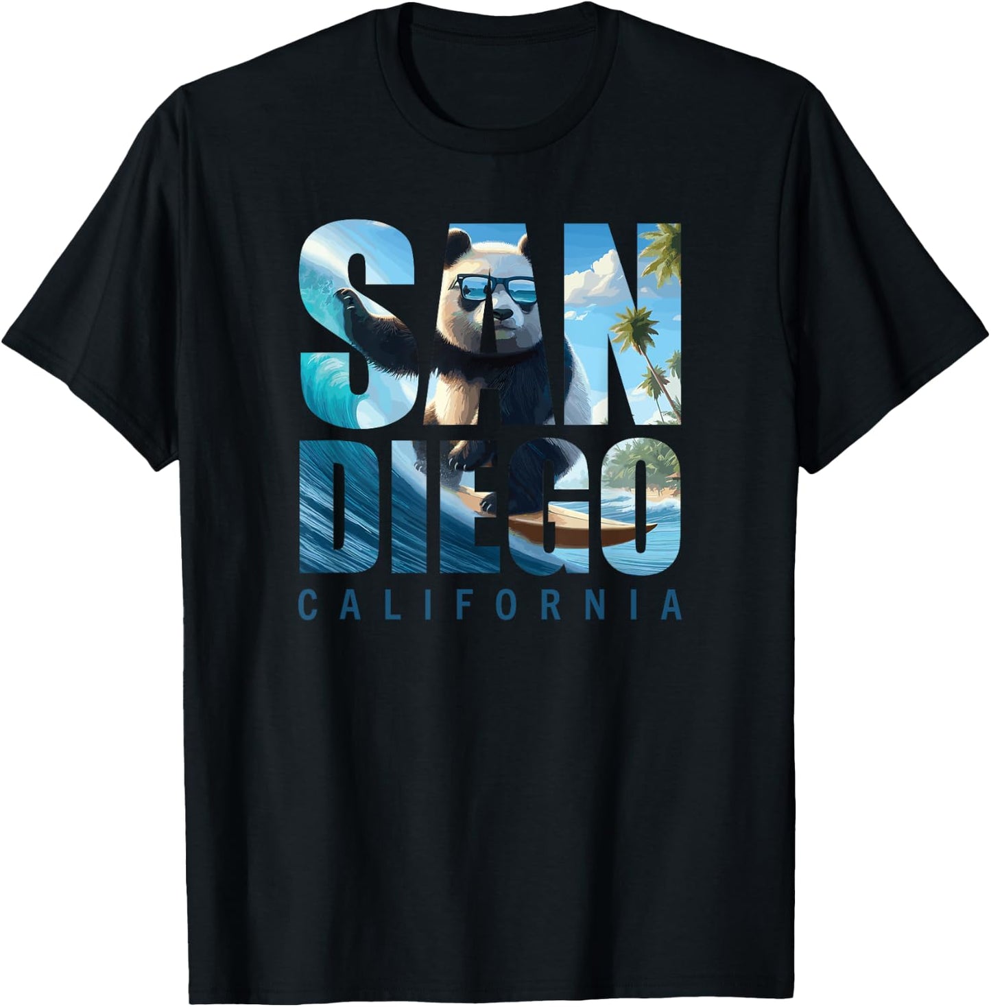 San Diego Panda Surfing California Beach Surf Women Girls Kids T-Shirt - T-Shirt | Black