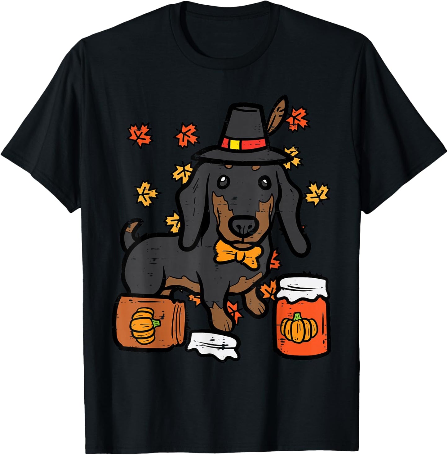 Thanksgiving Dachshund Sausage Hot Dog Autumn Men Women Kids T-Shirt - T-Shirt | Black