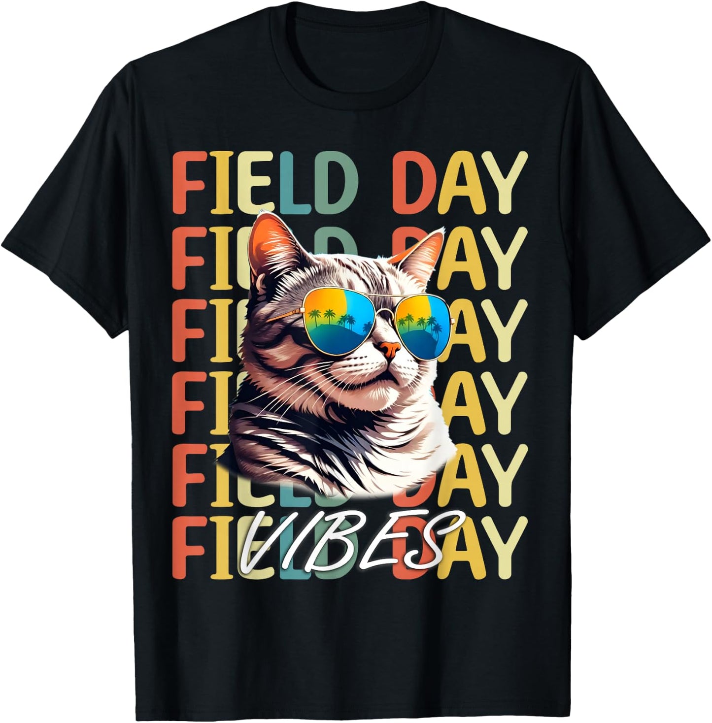 School field day Vibes Summer 2024 Retro Cat Teachers Kids T-Shirt - T-Shirt | Black