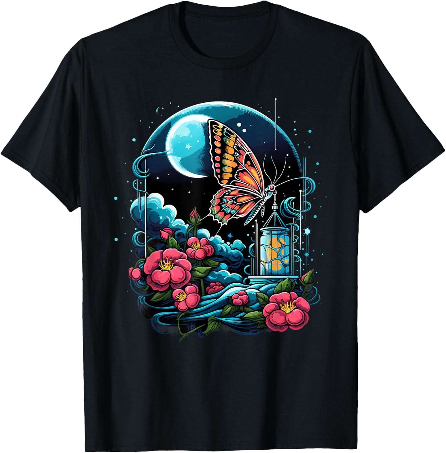 Butterfly Floral Colorful Artwork Moon Nature Animal Lovers T-Shirt - T-Shirt | Black