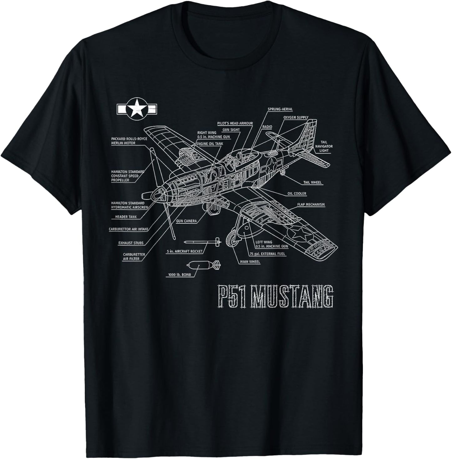 World War 2 American P51 Mustang Fighter Plane blueprint T-Shirt - T-Shirt | Black