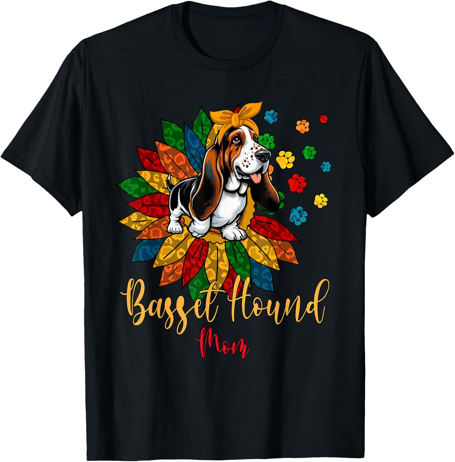 Basset Hound Mom Cute Colorful Leopard Sunflower Dog Paws Women Kids T-Shirt - T-Shirt | Black