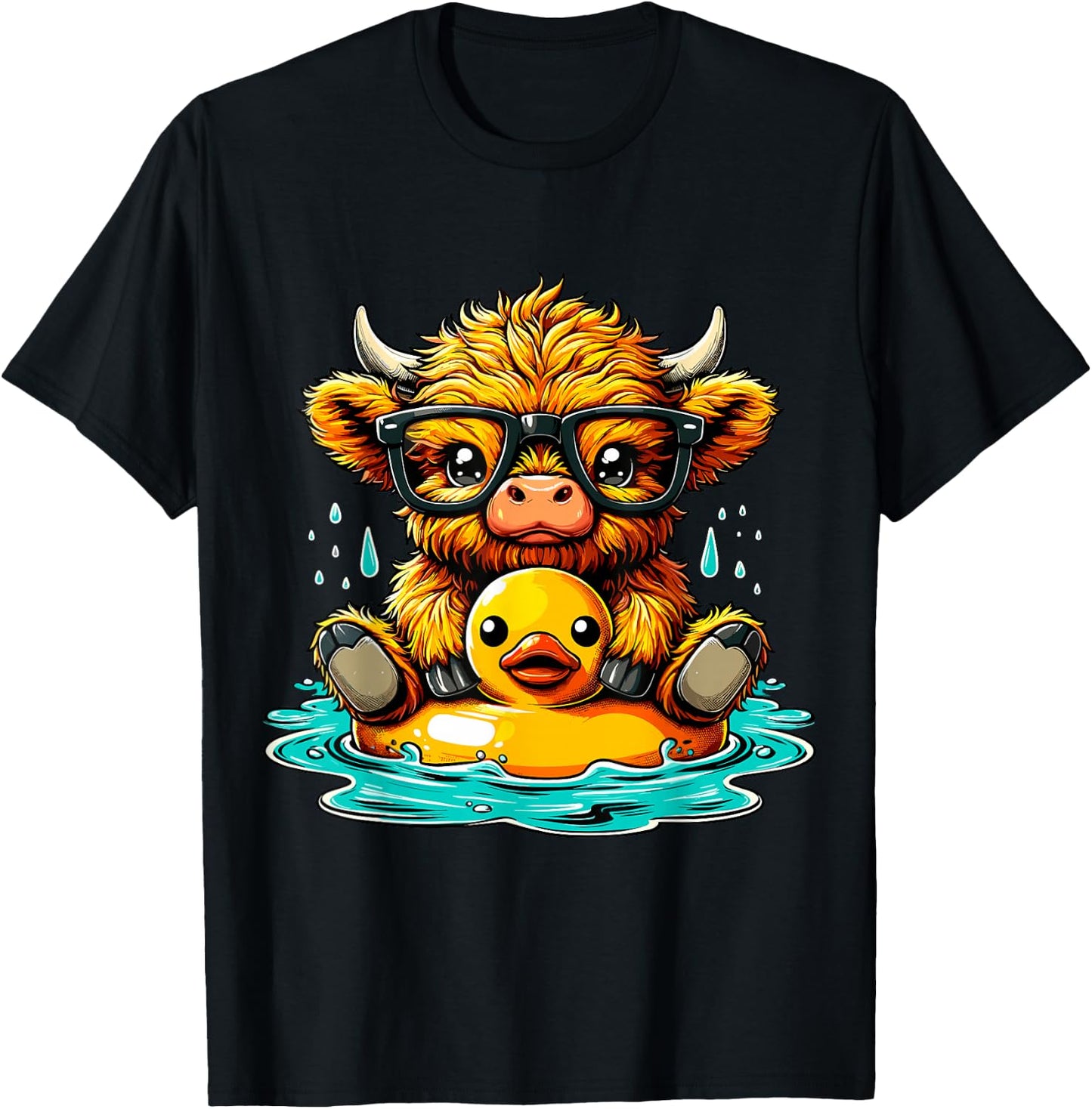 Highland Cow and Rubber Duck Swimming Summer Vacation T-Shirt - T-Shirt | Black