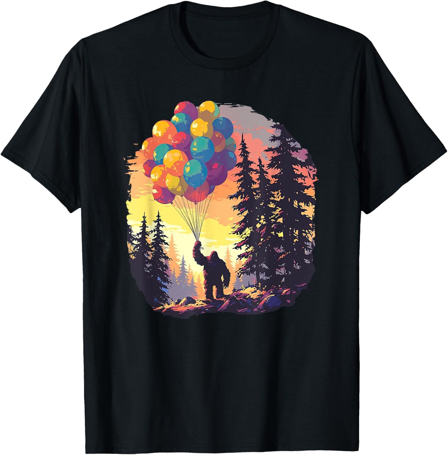 Bigfoot Forest Sunset Birthday Balloons Happy Bday Sasquatch T-Shirt - T-Shirt | Black