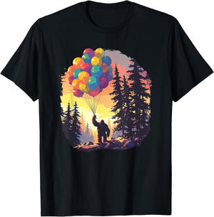 Bigfoot Forest Sunset Birthday Balloons Happy Bday Sasquatch T-Shirt - T-Shirt | Black