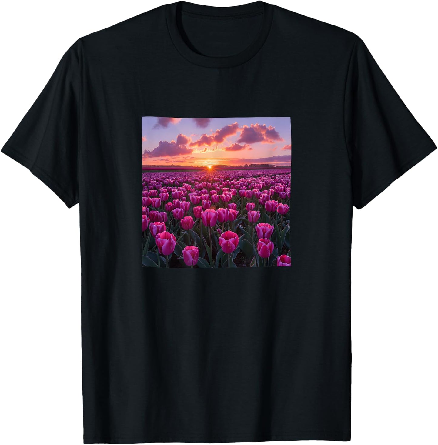 Tulip Flower Field Beautiful Sunset Graphic T-Shirt - T-Shirt | Black