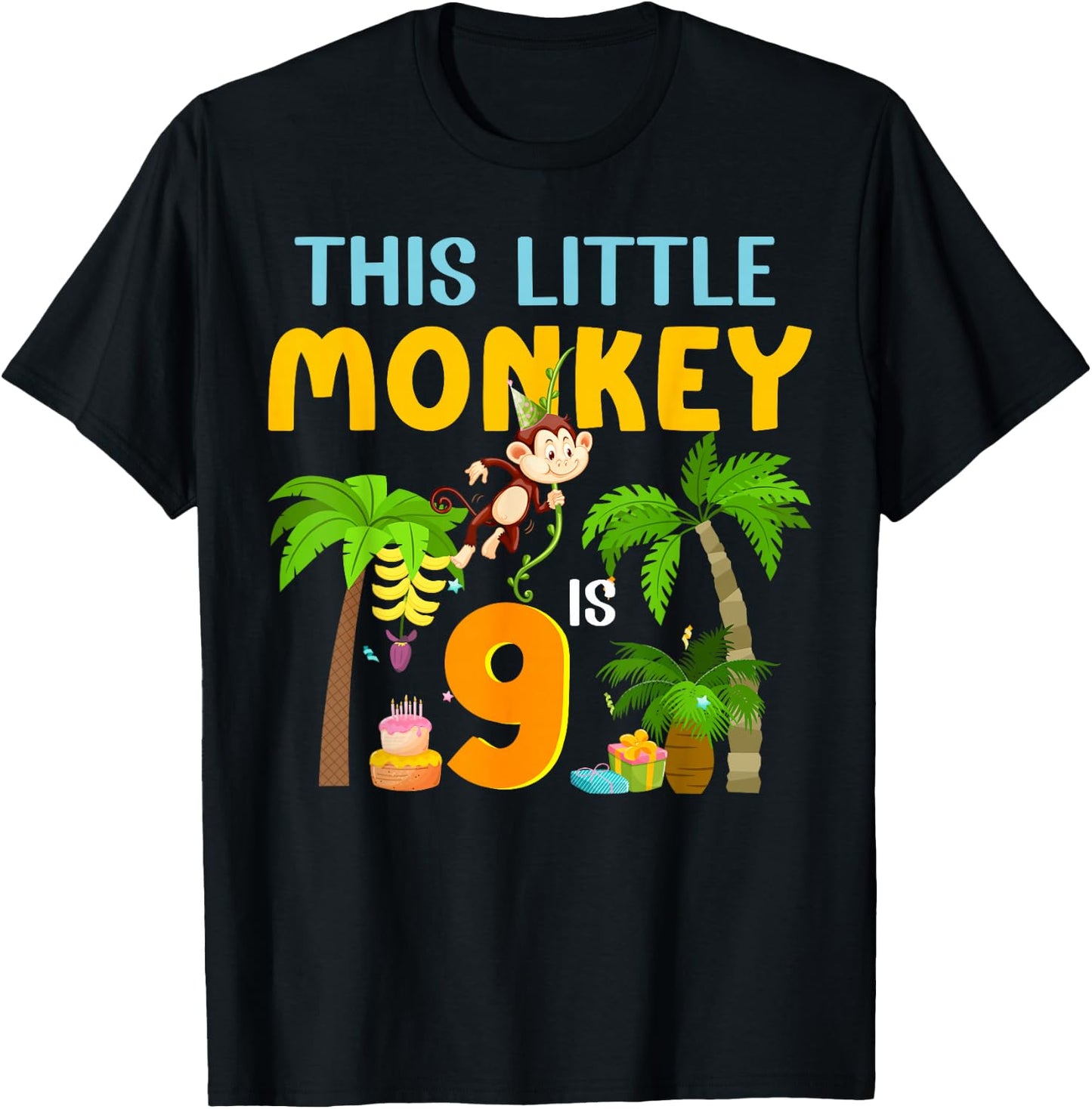 This Little Monkey Is 9 Jungle Animal 9th Bday 9 Years Old T-Shirt - T-Shirt | Black