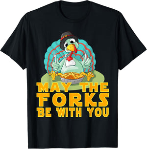 Cute Thanksgiving Turkey May The Forks Be With You T-Shirt - T-Shirt | Black