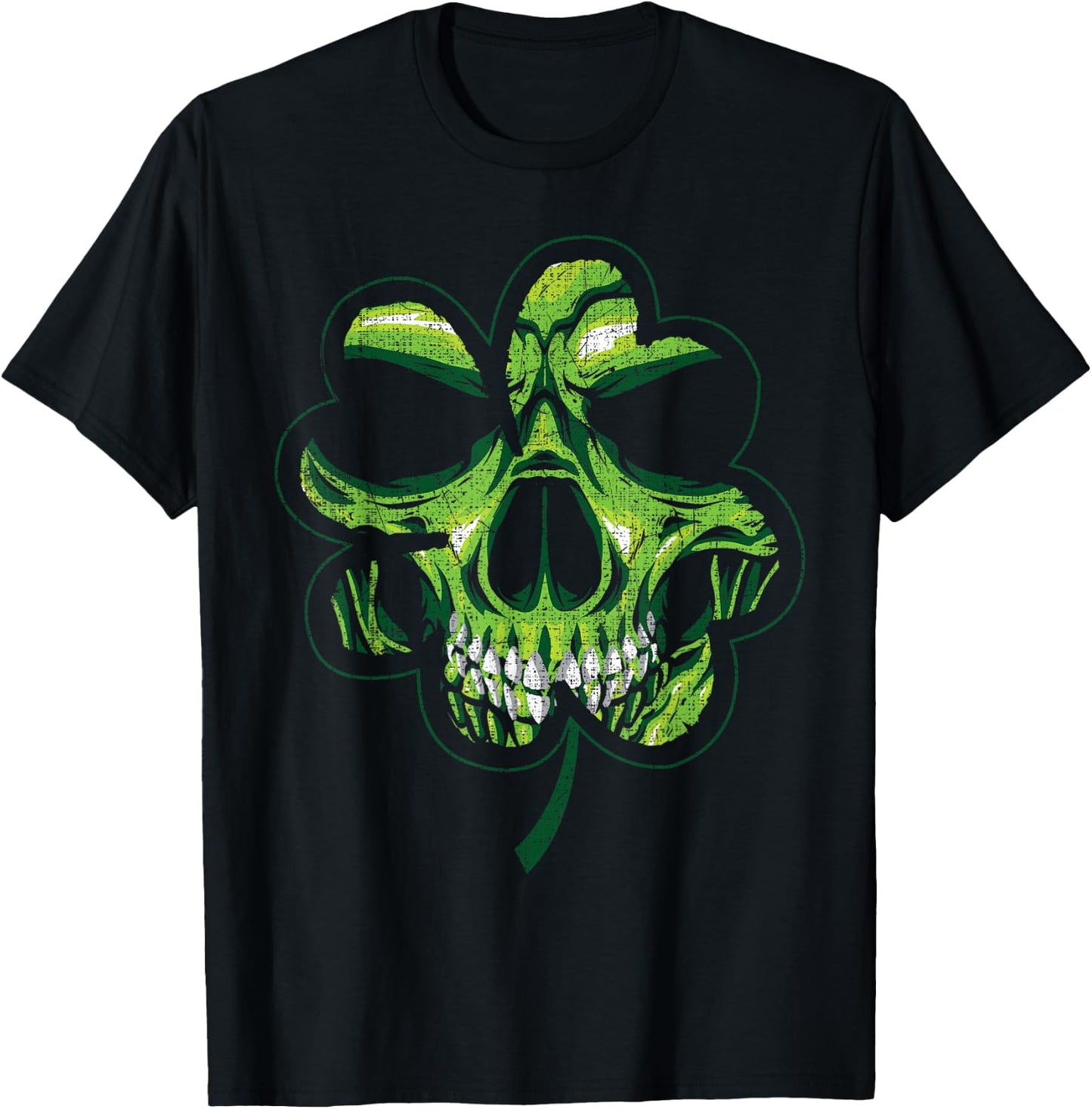 St. Patricks Day Shamrock Distressed Clover Biker Skull T-Shirt - T-Shirt | Black
