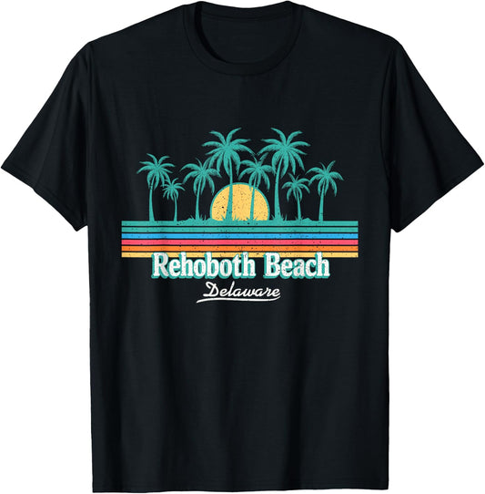 Rehoboth Beach Delaware Sunset Palm Trees Retro 70s 80s T-Shirt - T-Shirt | Black