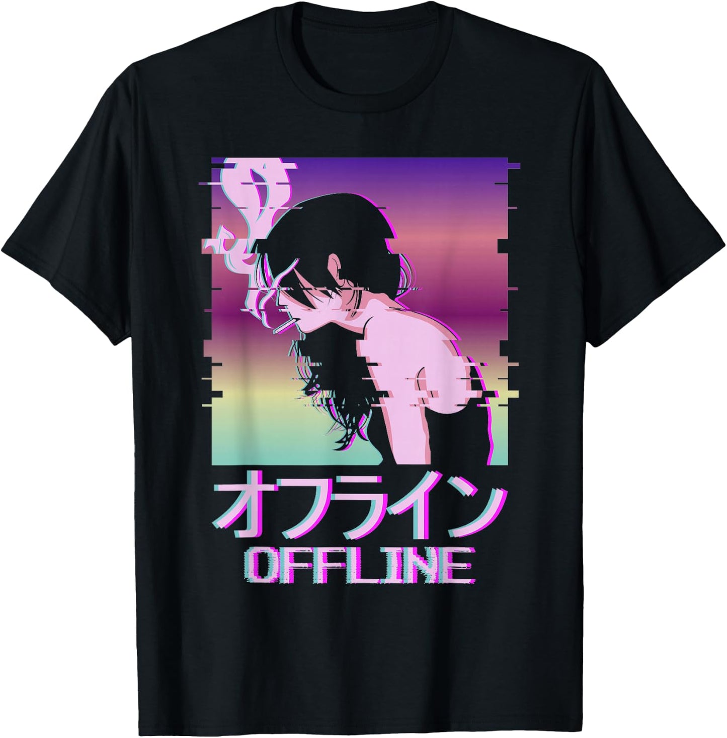 Offline Japanese Vaporwave Alt Indie Aesthetic Anime Girl T-Shirt - T-Shirt | Black