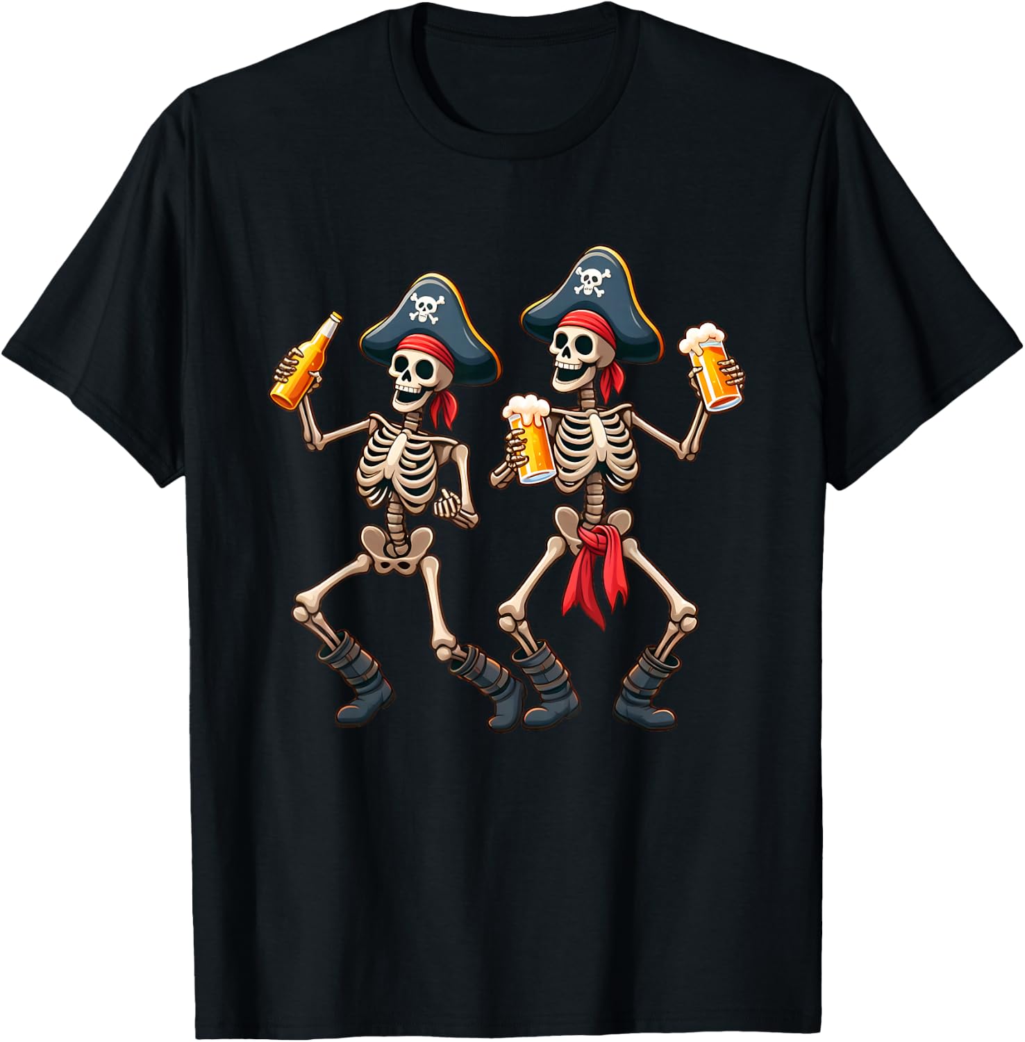 Funny Dancing Pirate Skeletons Beer Drinking Halloween Party T-Shirt - T-Shirt | Black