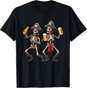 Funny Dancing Pirate Skeletons Beer Drinking Halloween Party T-Shirt - T-Shirt | Black