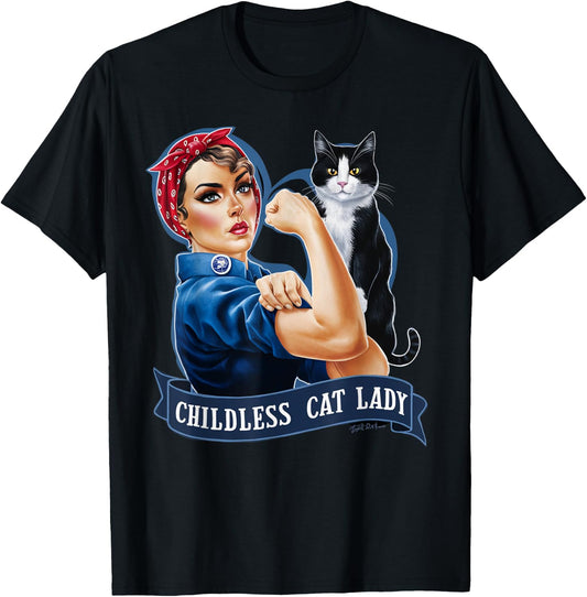 Childless Cat Lady Design Rosie the Riveter T-Shirt - T-Shirt | Black