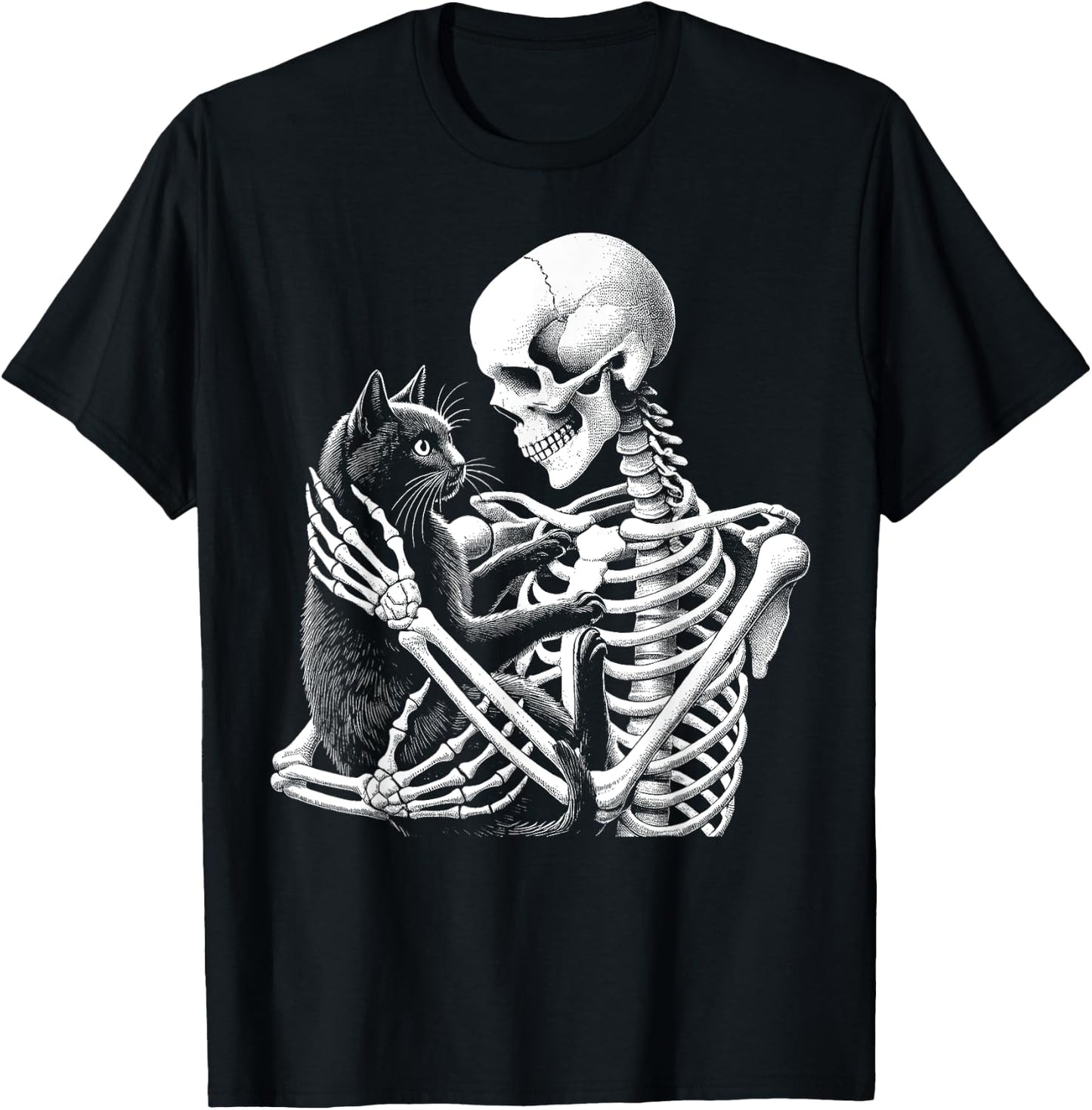 Skeleton Holding A Cat Funny Lazy Halloween Costume Skull T-Shirt - T-Shirt | Black