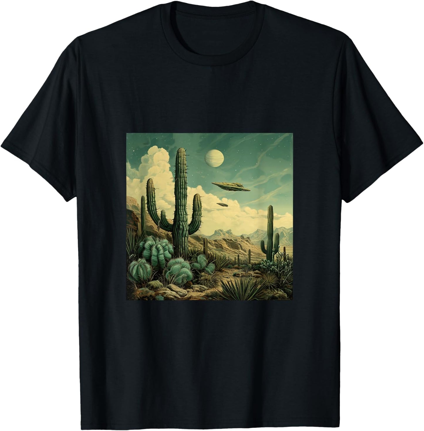 Flying Aliens UFO Cactus Desert T-Shirt - T-Shirt | Black