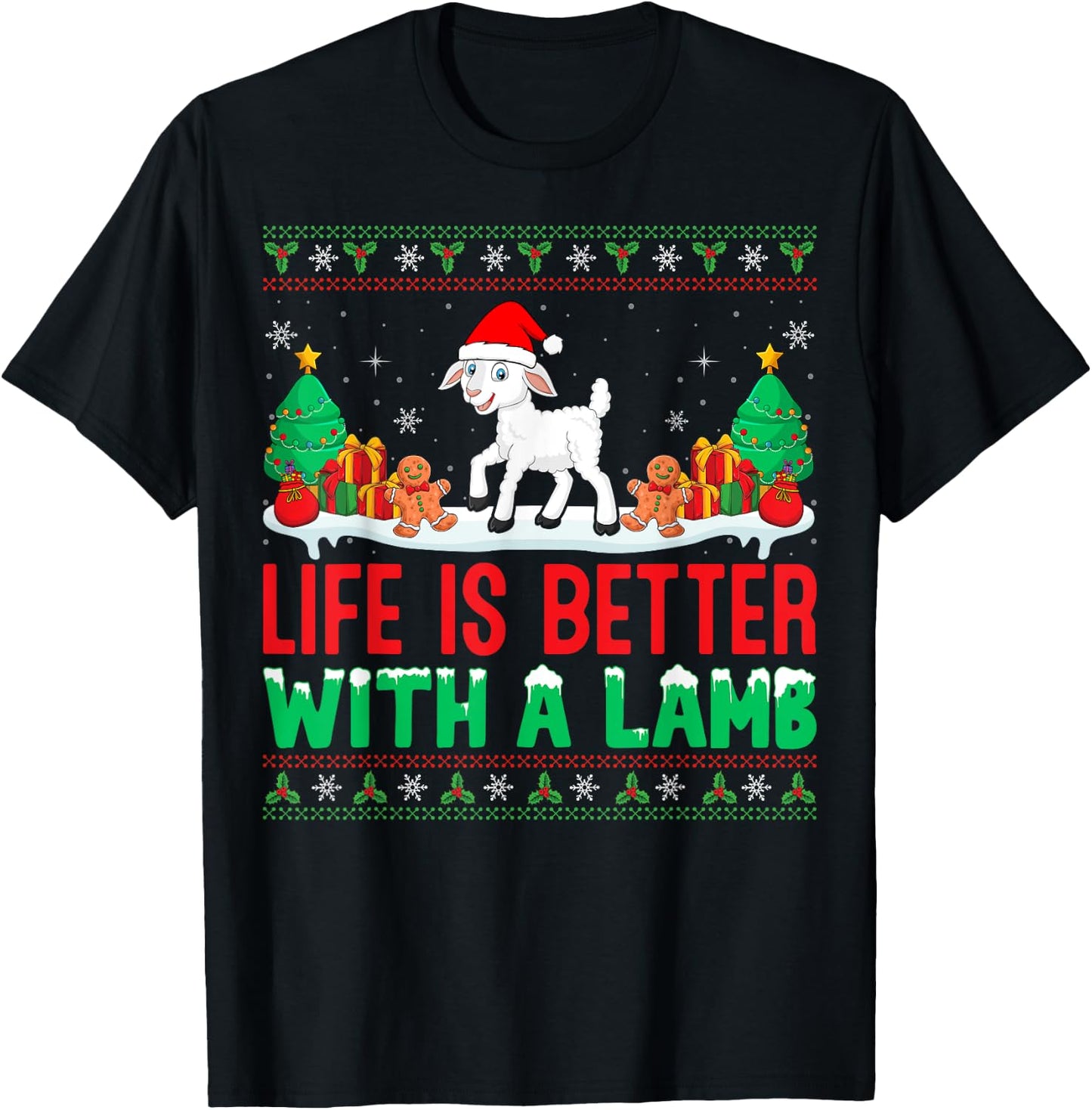Life Is Better With A Lamb Santa Hat Ugly Christmas Lamb T-Shirt - T-Shirt | Black
