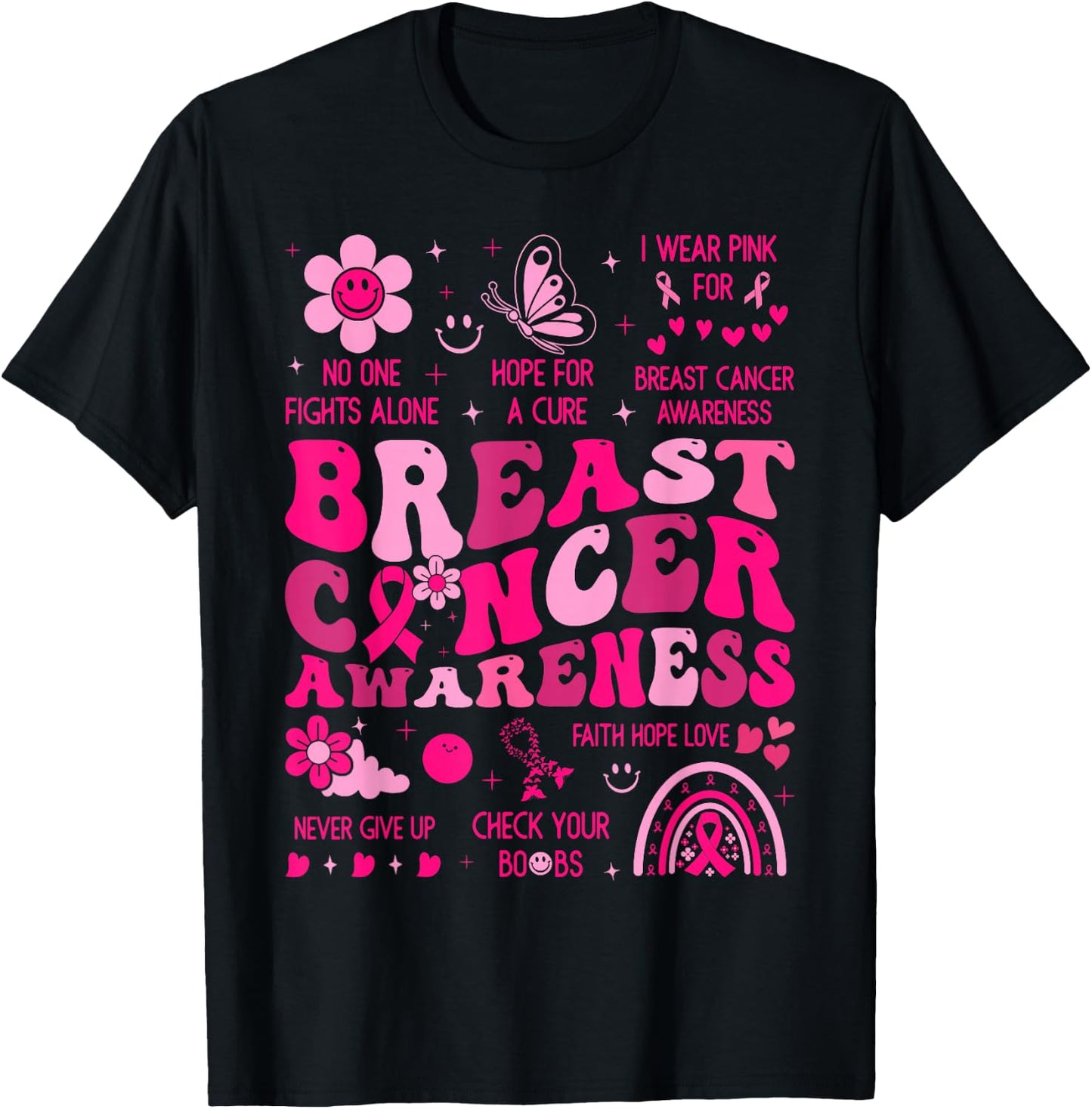 Groovy Breast Cancer Awareness Support Squad Women Girl Pink T-Shirt - T-Shirt | Black