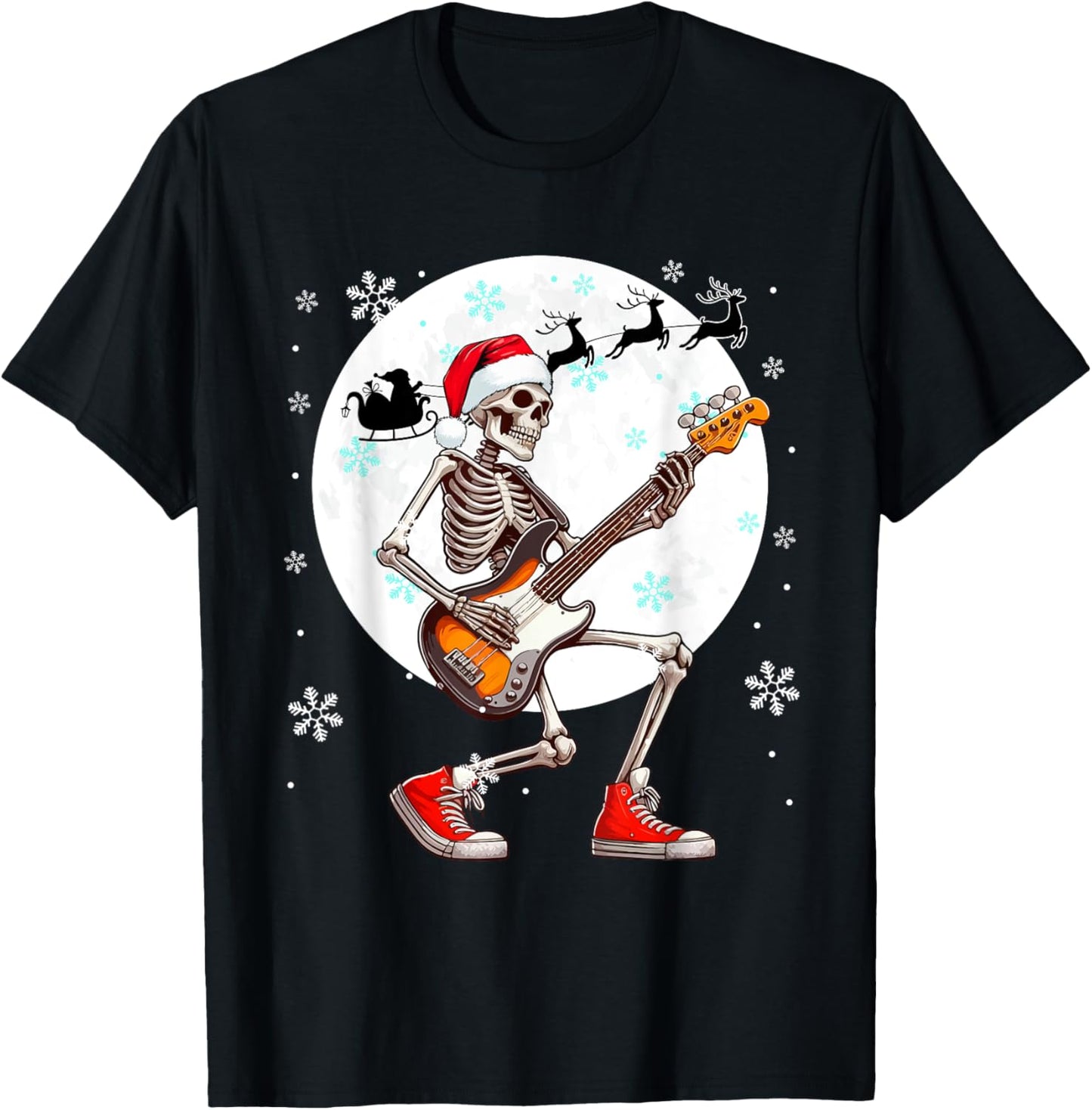 Christmas Santa Skeletons Playing Guitar Bass Guitarist T-Shirt - T-Shirt | Black