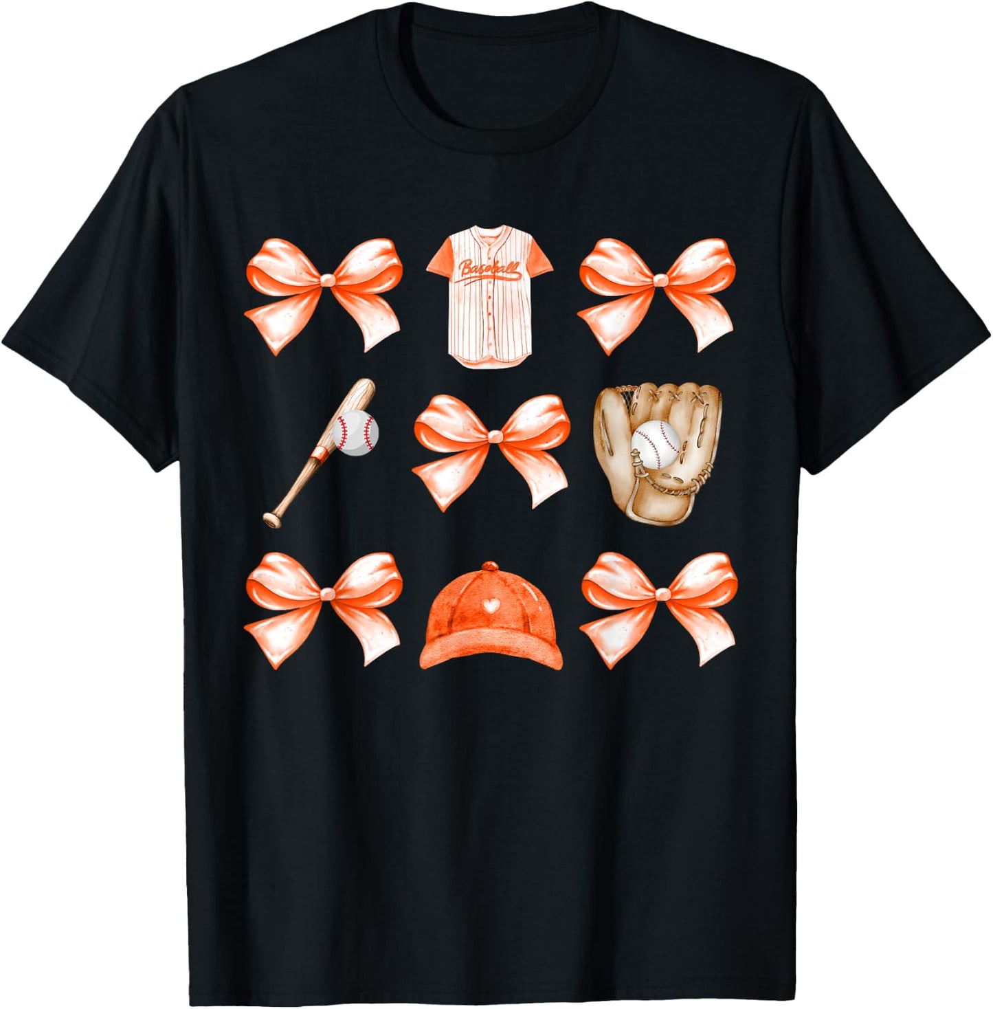 Baseball Game Day Orange Coquette Bow Baseball Mom Retro T-Shirt - T-Shirt | Black