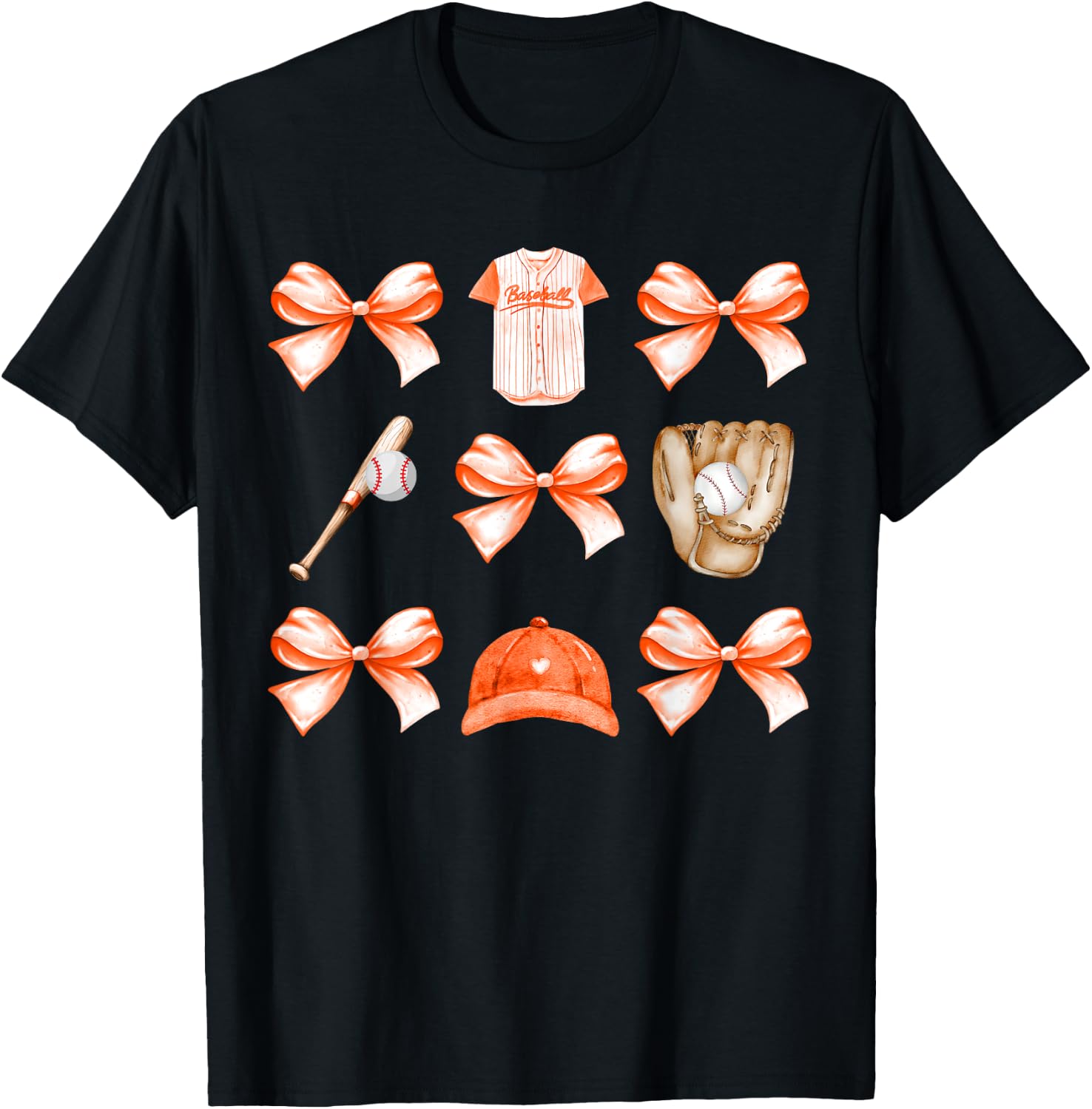 Baseball Game Day Orange Coquette Bow Baseball Mom Retro T-Shirt - T-Shirt | Black