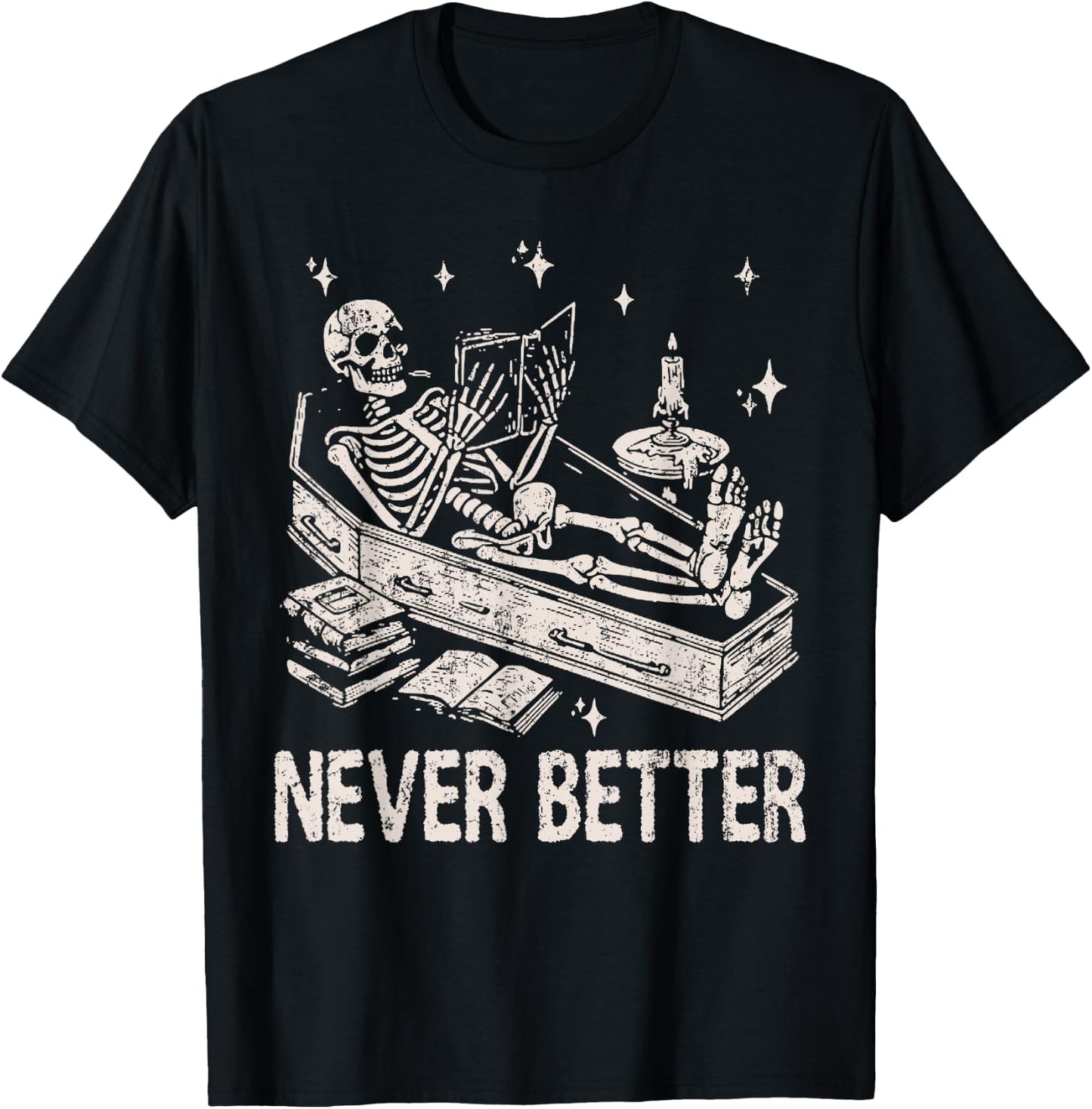 Funny Skeleton Reading Book In Coffin Never Better Halloween T-Shirt - T-Shirt | Black