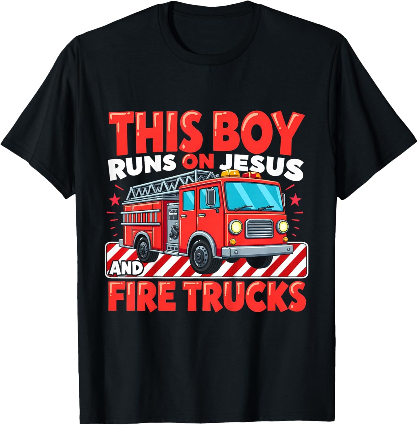 Kids This Boy Runs on Jesus and Fire Trucks Firefighter Toddler T-Shirt - T-Shirt | Black