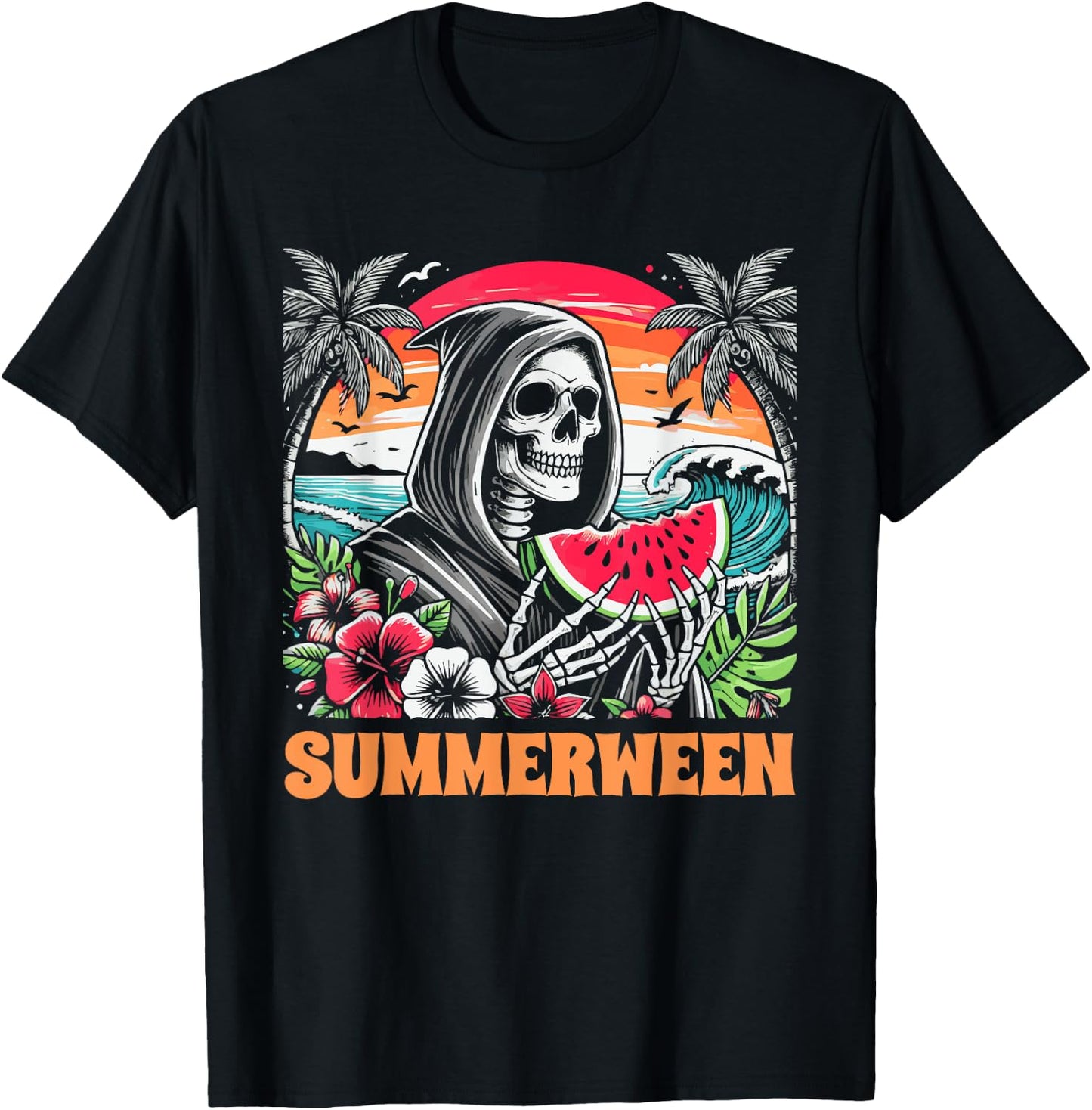 Summerween Skeleton Tropical Beach Scene T-Shirt - T-Shirt | Black