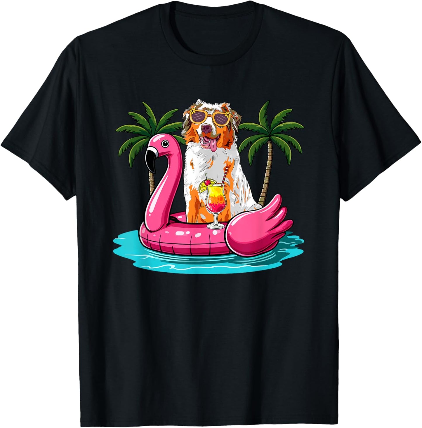 Australian Shepherd Sunglasses On Flamingo Cute Float Lover T-Shirt - T-Shirt | Black
