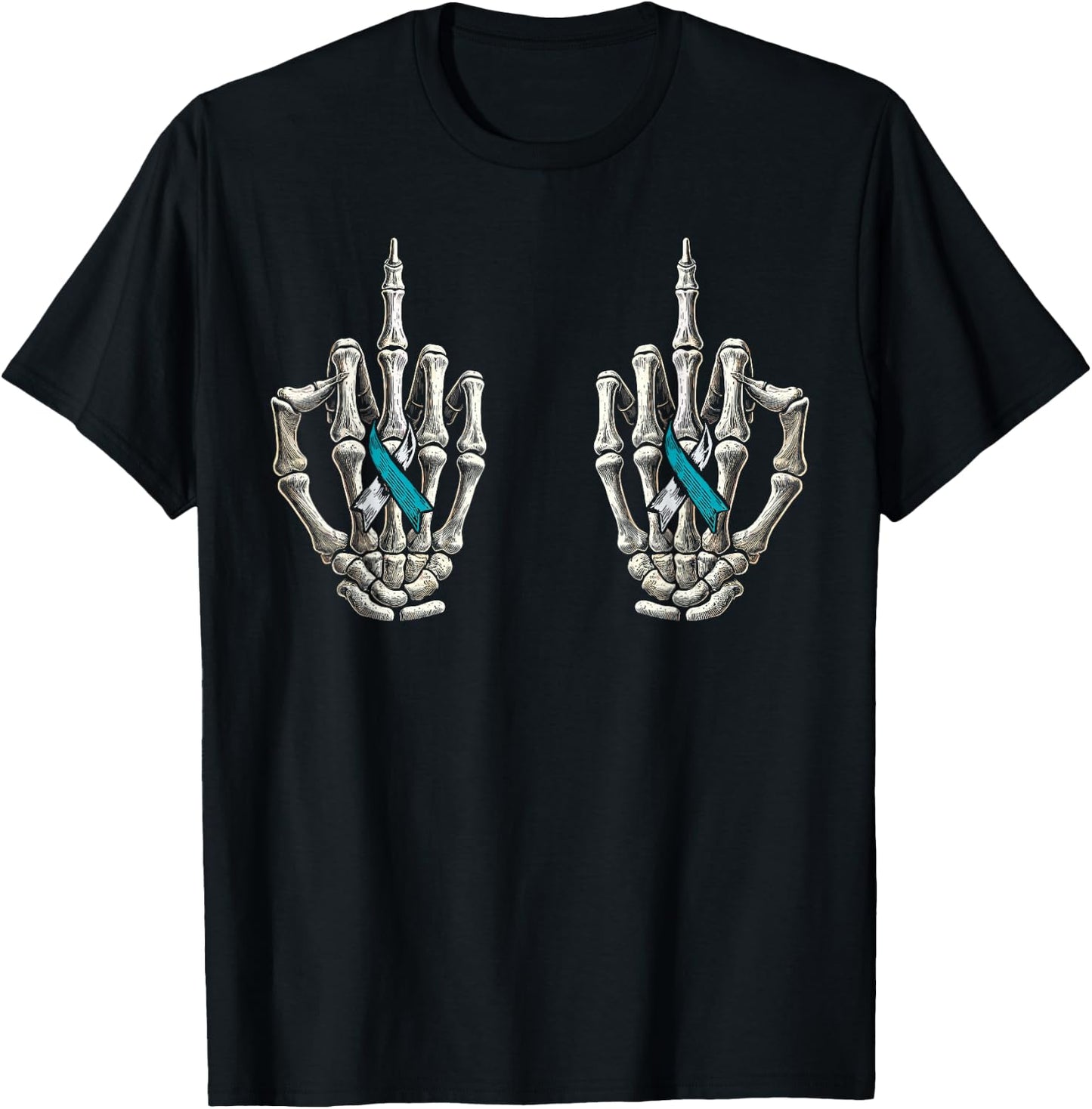 Cervical Cancer Awareness, Skeleton Teal And White Ribbon T-Shirt - T-Shirt | Black